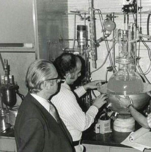 Monte, second from left, helps synthesize titanate at Kenrich in the 1970s. 