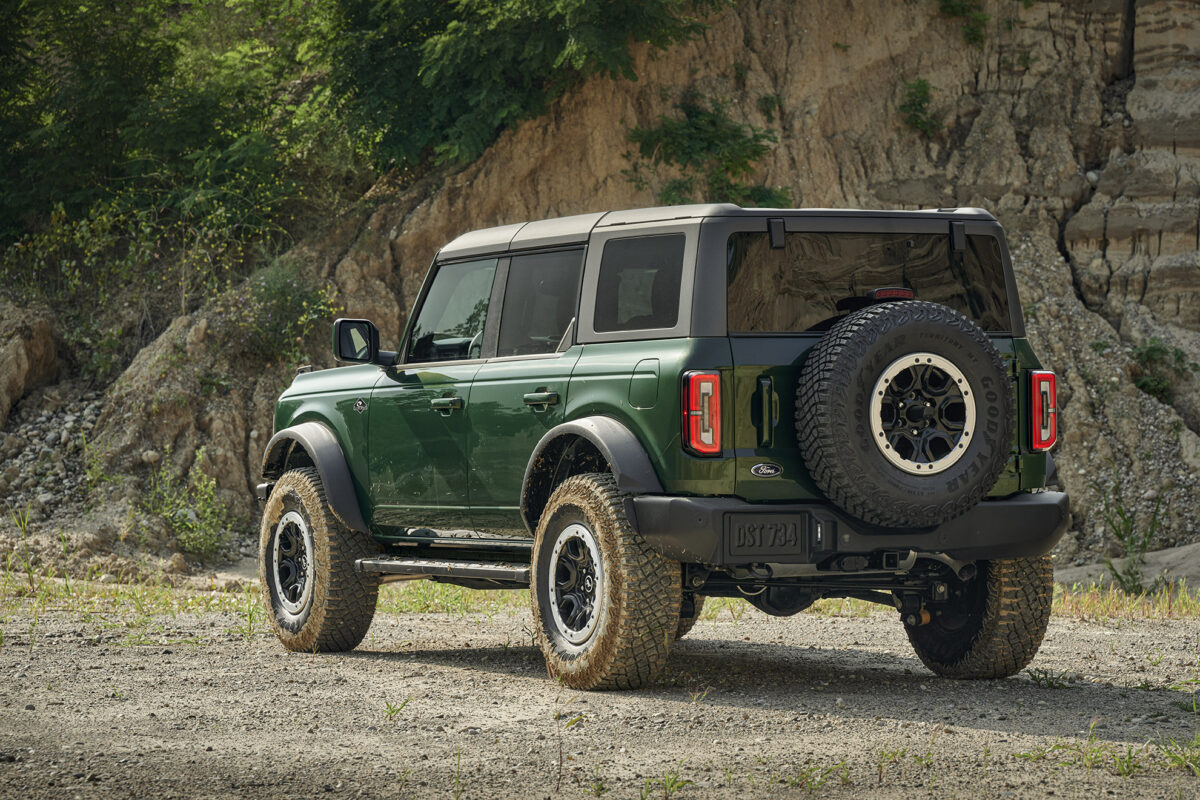 The Bronco SUV features what is said to be industry’s first blow molded rear bumper with park-assist sensors. Here the vehicle is shown in Eruption Green with the Sasquatch trim package. Courtesy of Ford