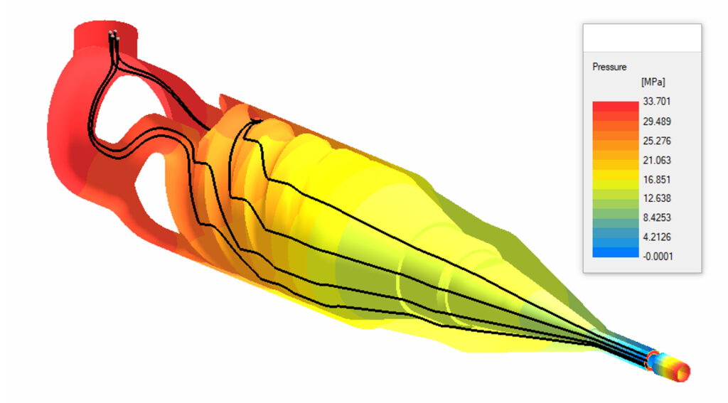 3D finite element method simulation using Compuplast’s Virtual Extrusion Laboratory module shows color contours of pressure and path lines on a spiral mandrel tubing die. Also shown, in relief, is exit velocity. 