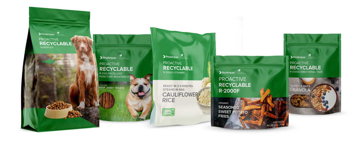ProAmpac’s ProActive Recyclable products include monomaterial films and pouches for dry applications, frozen foods and microwave steaming.
