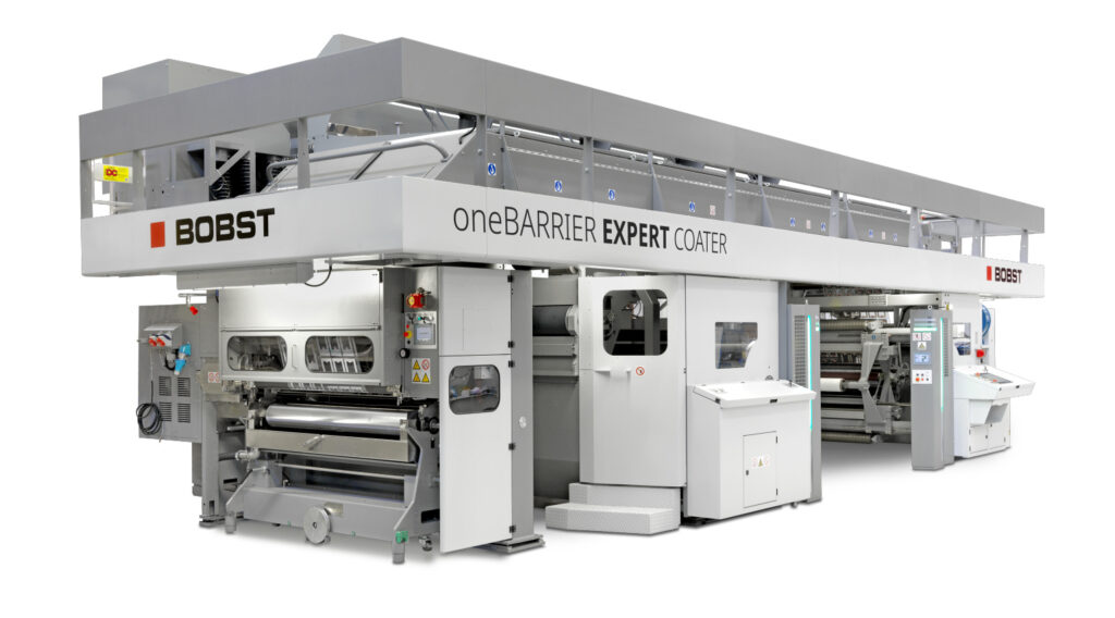 Packaging equipment from Bobst for oneBarrier monomaterial pouch-making includes a coating line (shown) and vacuum metallizer.