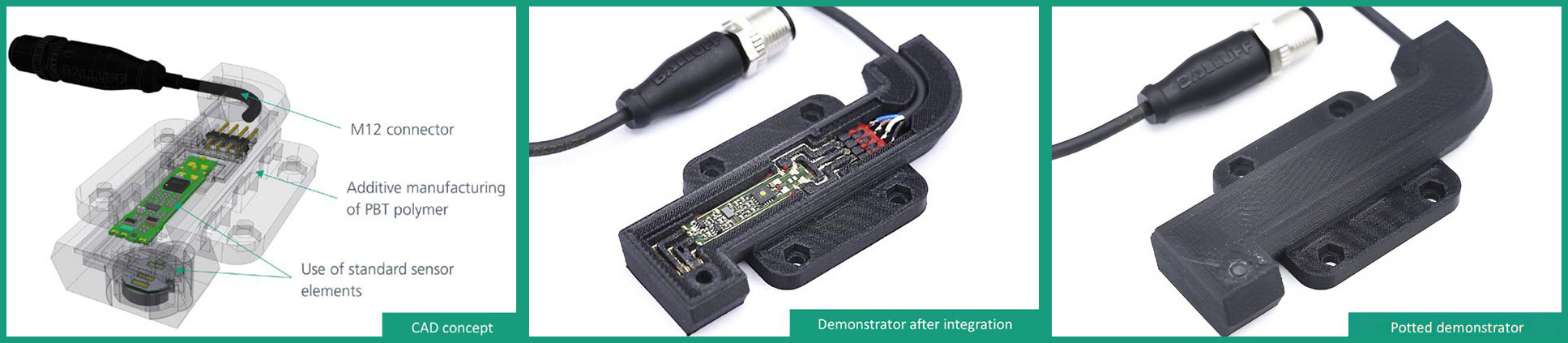 Demonstration model of printed sensor at different production stages: CAD concept (top); after integration of the electronic components (middle); and as a finished demonstrator (bottom). Courtesy of Fraunhofer IPA 