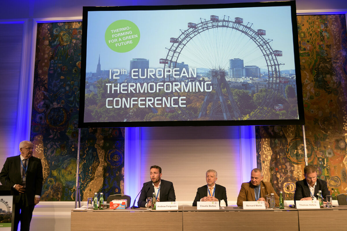 Most thermoforming conferences have heavy-gauge and thin-gauge sessions. Addressing heavy-gauge topics were (from left): Ken Braney, Thermoforming Solutions Ltd., moderator; Andrew Ferguson of Collins Aerospace; Claudio Bottos, Self Group; Bernard Merkx, GreenWave Plastics; and Thomas Hofels of Senoplast.