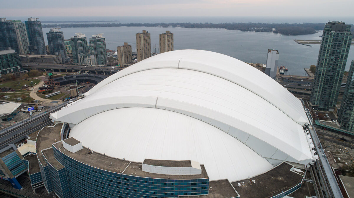 Roof builder Sika Sarnafil installed a retractable PVC roof on Toronto’s Rogers Centre in 2018 after falling ice from a neighboring building damaged the old roof, which the company had installed 30 years earlier. Sarnafil recycled most of the roof into the new covering, diverting 460,000 sq. ft. of PVC from landfill.