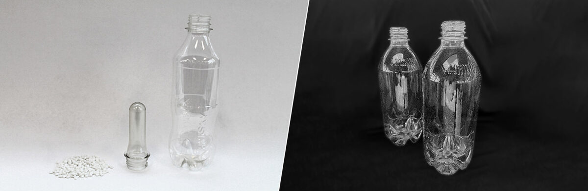 Advanced copolyester made by Origin Materials and molded by Husky Technologies using PET/F, with resin, preform and bottle (left). Bottles made using PET/F polymer (right).
