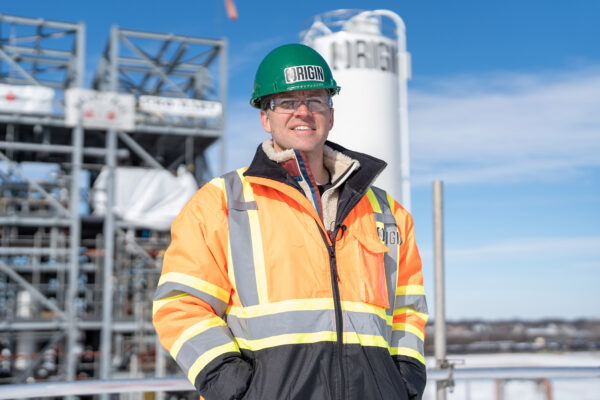 John Bissell, co-CEO of Origin, in front of the company’s first commercial manufacturing plant, Origin 1, in Sarnia, Ontario, Canada. The plant is expected to convert an estimated 25,000 dry metric tons of biomass each year into products for a range of end markets. 