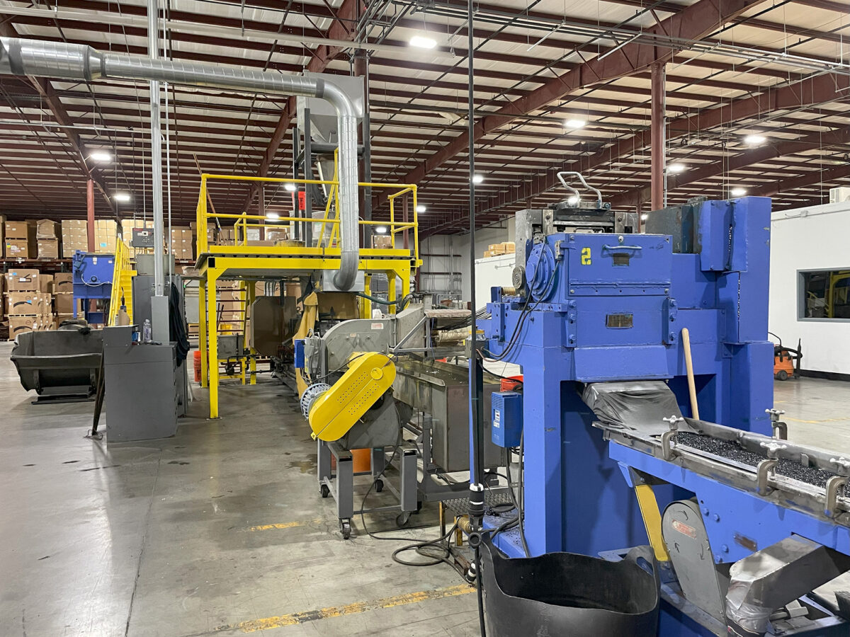 Twin-screw co-rotating extruder at PRL’s Rochester compounding facility. The plant has a total of four single- and twin-screw extruders that supply quantities ranging from 250 pounds to truckload.