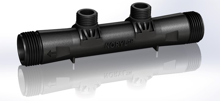 SABIC developed a prototype solid state water meter pipe made of Noryl PPO that’s less expensive than metal or glass-reinforced plastics versions. The same pipe design can now be made with a biobased Noryl grade.