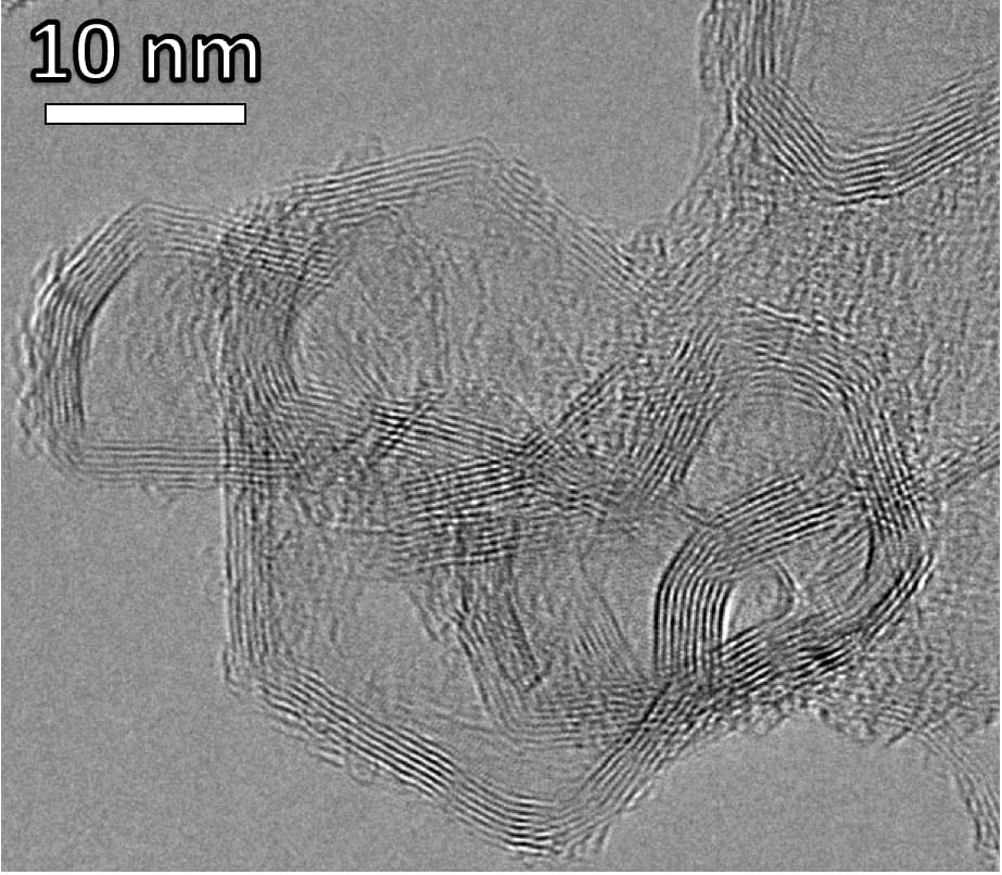 Transmission electron microscope (TEM) image of layered stacks of nano-scale flash graphene sheets formed from waste plastic. 