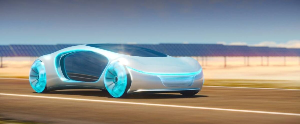Stylized image shows an EV equipped with solar panels. Such vehicles charge during driving and store energy without using the electrical grid.