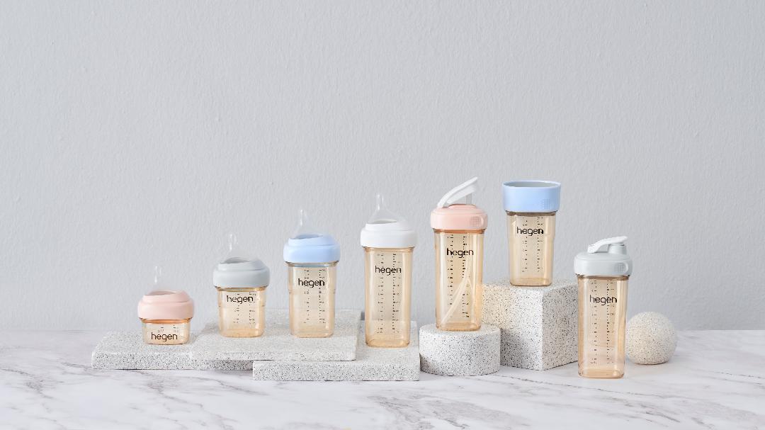 Hegen’s novel square-round baby bottles feature the firm’s patented Press-to-Close, Twist-to-Open design.