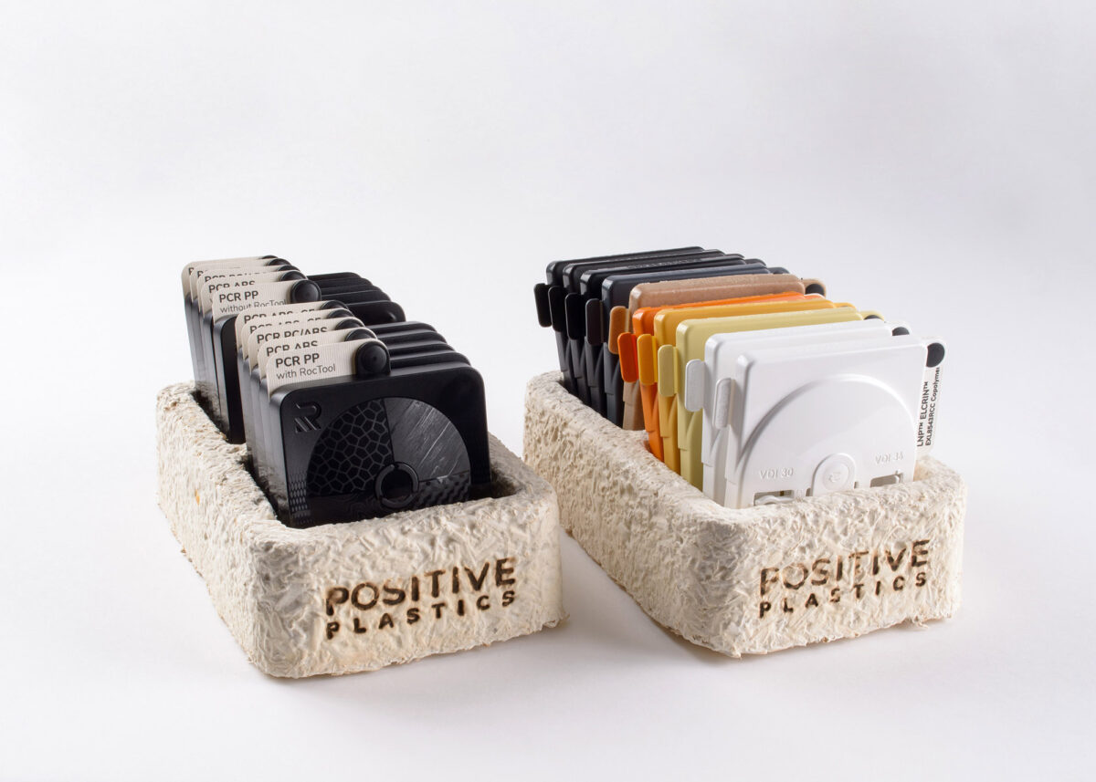 Launched in 2021, Positive Plastics curates eco-friendly plastic materials and shares them with designers, engineers and product managers packaged in kits made from mycelium.