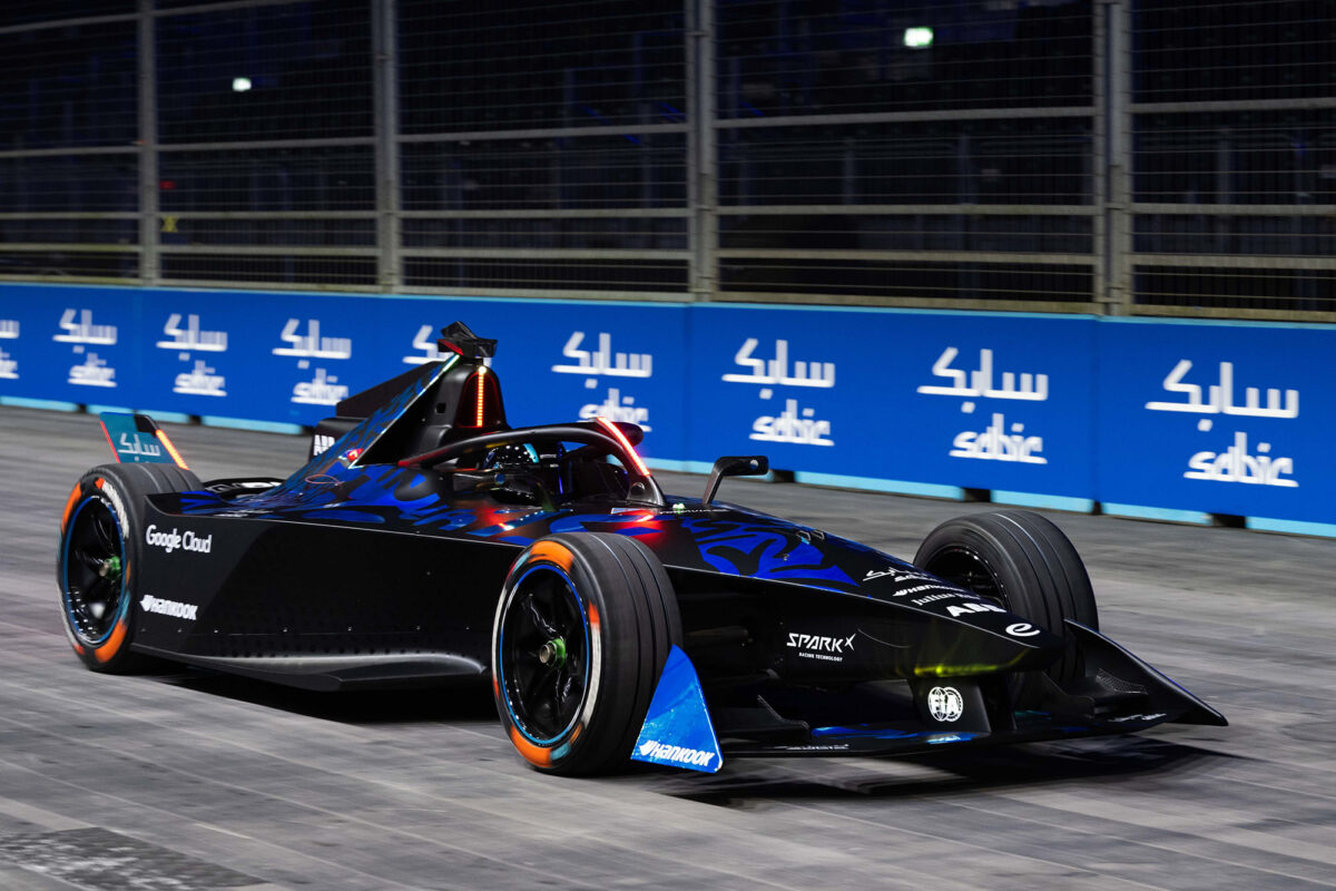 Record-setting GenBeta Formula E racecar has a go at the track inside the ExCel London Arena during the vehicle’s racing debut.