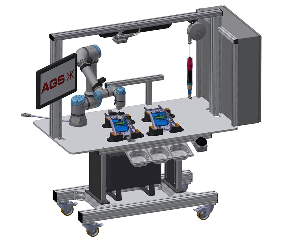 Mobile AGS manual workstation includes a cobot and features the customizable PreciGrip gripping system.