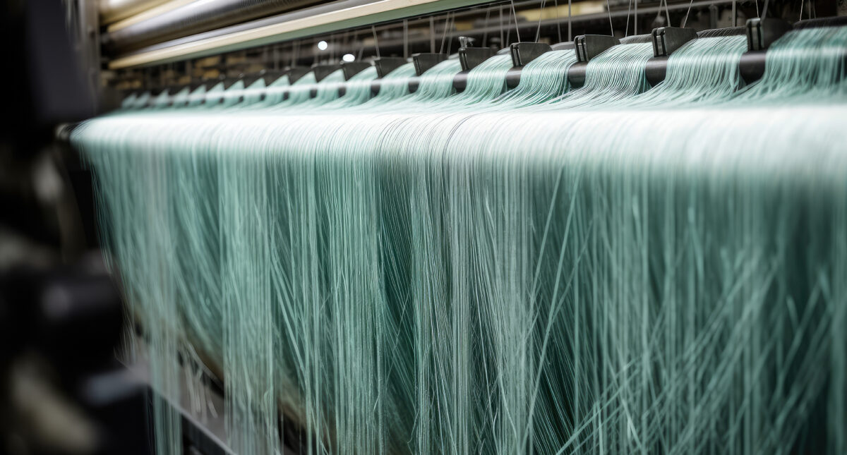 Close-up of fiberglass strands being woven together