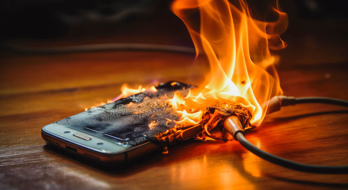 Mobile phone catches fire whilst charging. Fire hazard from mobile device.