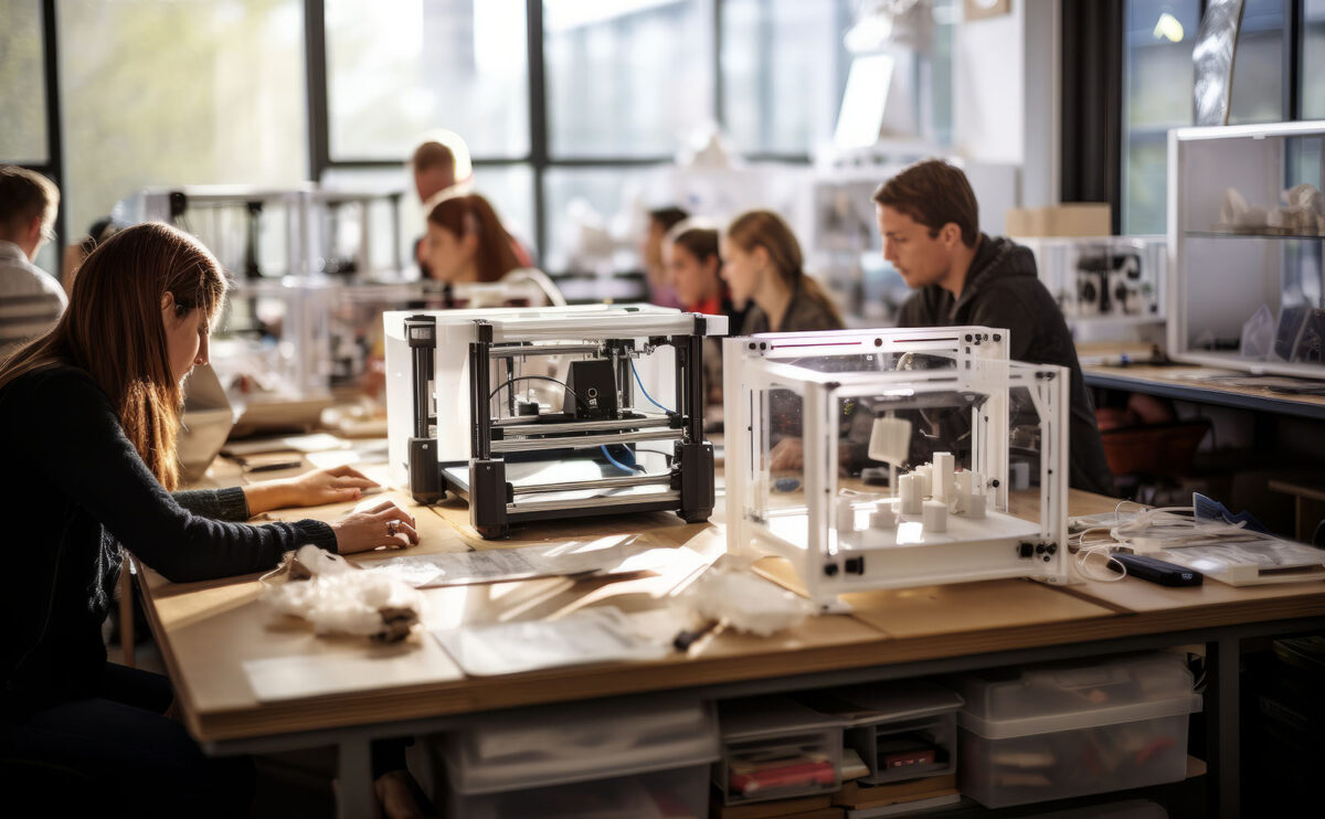 a classroom with students using 3D printers for educational purposes.