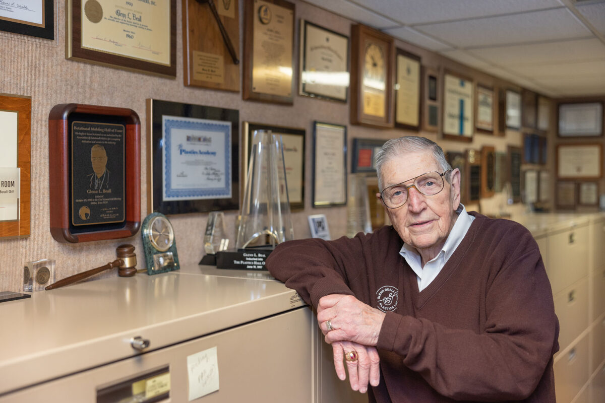 Beall’s office includes a long room with cabinets full of articles and files. Trophies and awards are also on display, and on an adjacent wall, not shown here, are 35 of his patents.