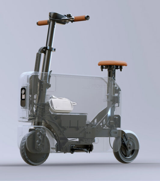 This demonstration model with transparent body panels provides a glimpse of the vehicle’s internal architecture. The cavity in the middle provides storage when the scooter is unfolded. 