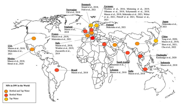 Geographical representation of MPs data in drinking water. TW: Tap Water; BW: bottled water. Courtesy of Occurrence of Microplastics in Tap and Bottled Water: Current Knowledge.