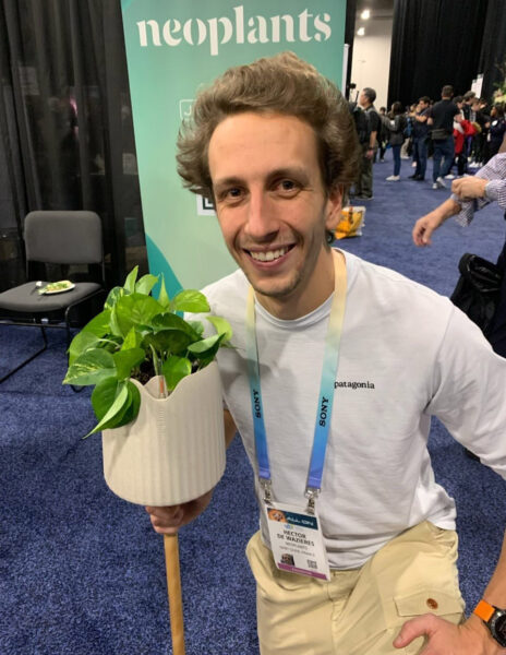 Neoplants’ Hector De Wazières shows off his firm’s new air-purifying house plant system at the CES 2024 show in Las Vegas. 