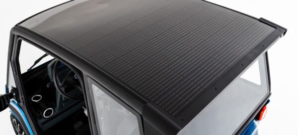 The car’s solar roof, shown up close here, can provide enough of a charge to satisfy the daily driving requirements of most urban drivers. 