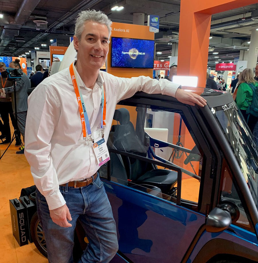 Chris Klok, chief of design at Squad Mobility, displayed his firm’s solar-powered car at CES 2024.