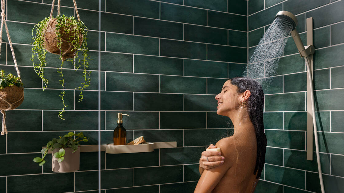 Hansgrohe’s Planet Edition hand-held shower features recycled ABS, no chrome, and upcycled PET.