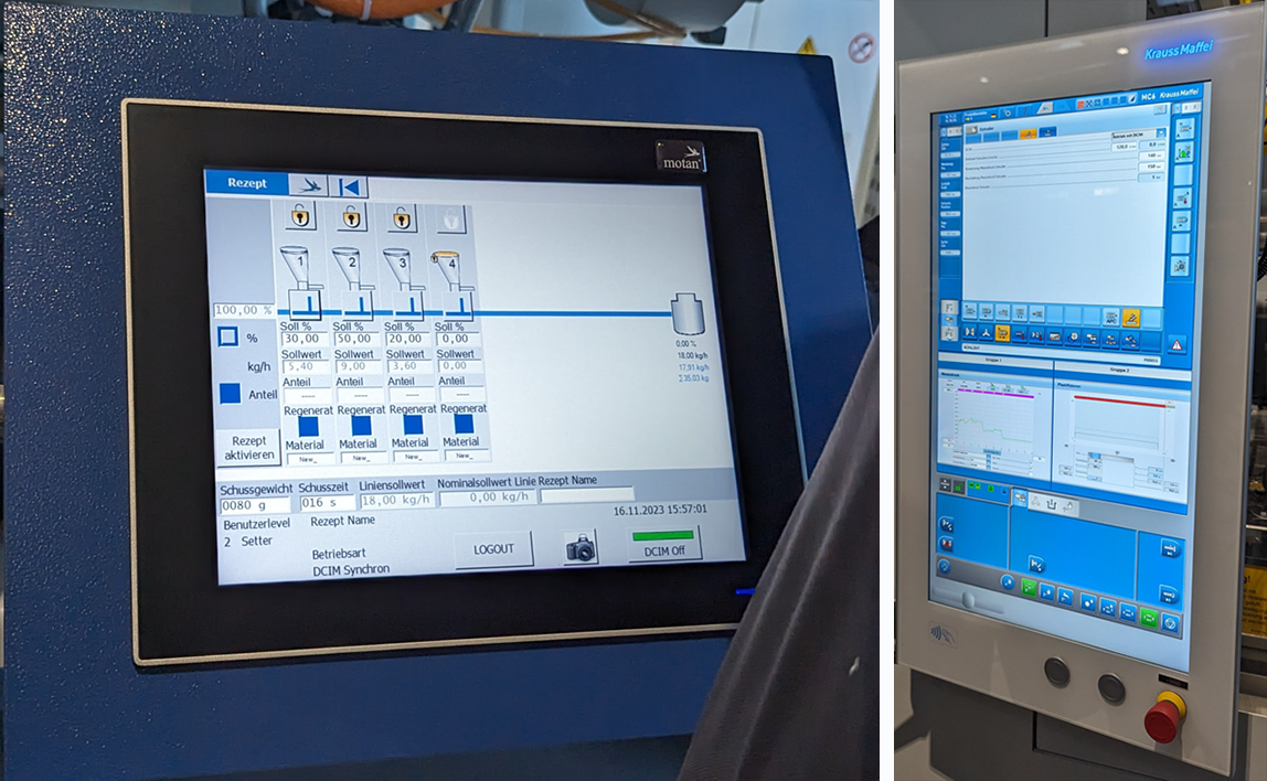 Left: Motan screen DCIM feeders, right: MC6 interface for the extruder in the machine control. 