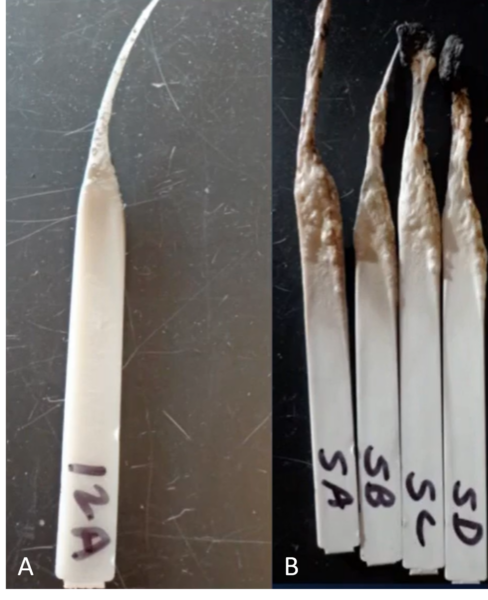 A) Lumina flame retardant Vs B) Phosphorous chemistry control. Courtesy of Lumina Sustainable Materials.