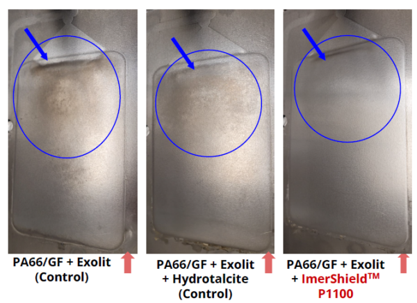 Corrosion appearance of the removable steel mold inserts after 100 injection molding shots. Courtesy of Imerys.