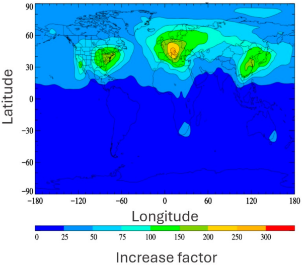 Surface distribution plot depicting the multiplicative increase of TFA distributions predicted by changeover from HFC use to HFO use as described by Holland et al. [57]. Reproduced with permission from authors. American Chemical Society.