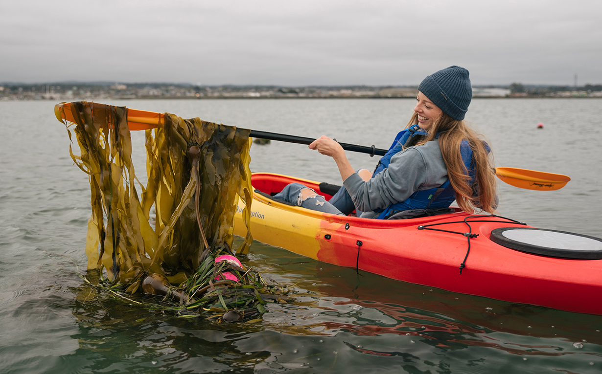 Sway CEO and co-founder Julia Marsh is shown here at a California seaweed farm. 