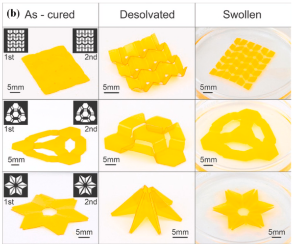 4D Printed origami structures from flat shapes. Courtesy of Desolvation Induced Origami of Photocurable Polymers by Digit Light Processing.