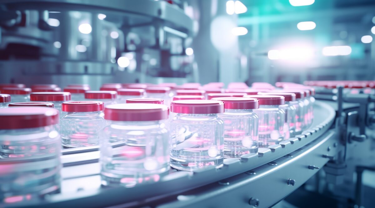 Mass production of medicine bottles in a factory.