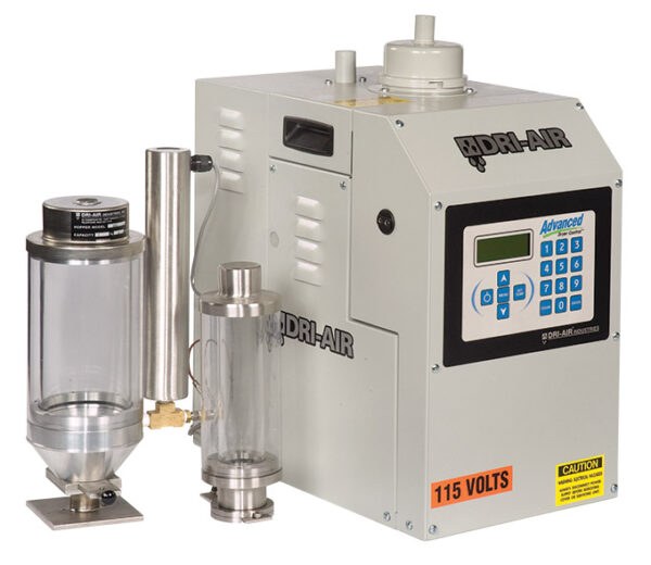 Micro dryers from Dri-Air Industries run with shop gas or nitrogen and are ideal for labs that need to run as little as 10 grams of material. Courtesy of Dri-Air