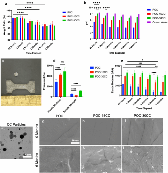 The characterization of POC-CC degradation. (a) Weight degradation of POC-CC samples. (b) pH level of ocean water after incubation with POC-CC. (c) POC disk (5 mm diameter, 3 mm height) and dogbone (40 mm × 16 mm × 3 mm) used for elastic modulus and tensile strength testing. (d) Elastic modulus and tensile strength of POC-CC samples. (e) Elastic modulus of degraded POC and POC-CC samples. (f) TEM images of CC. (g–l) SEM images of nondegraded and degraded POC (g, j), POC-15CC (h, k), and POC-30CC (i, l) samples. Calcium carbonate-based biodegradable composites as an alternative material to industrial plastics.