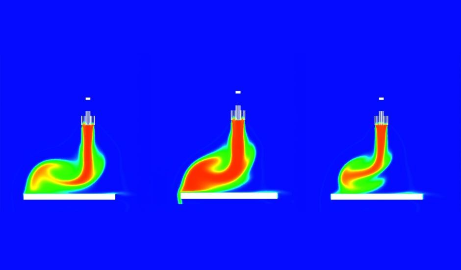 Fluid dynamic simulation results of the dynamic sweeping of the component. Left: stoichiometric gas mixture, center: "rich" mixture and right: "lean" mixture. (courtesy from Fraunhofer IPA)
