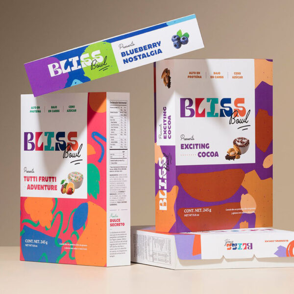 BLISS Bowl cereal packaging embraces dopamine design with vibrant abstract patterns and color-blocked typography. Design by The Branding People.