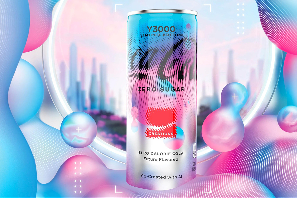 Coca-Cola Y3000 features a futuristic visual identity co-created with AI, showcasing a fluid, evolving liquid state through shape and color transitions. Design by Coca-Cola Creations.