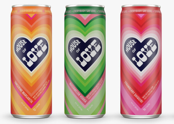 House of Love ready-to-drink cocktail cans feature radiating heart patterns in gradient colorways, using a hypnotic visual effect to create an emotional connection while clearly differentiating flavor varieties through color psychology.