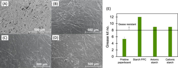 Barrier performance of starch and starch PPC coated paperboards. Surface morphology of paperboard coated with anionic starch (A), cationic starch (B), starch PPC (C), and pristine paperboard (D) collected by SEM. Grease resistance of starch and starch PPC coated paperboard (E). Courtesy of Improved starch adhesives for packaging and wood products.