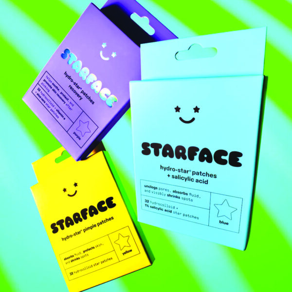 Starface pimple patches package features a vibrant neon backdrops with star motifs and a minimalist smiley face, transforming acne treatment into celebratory self-expression. The deliberately childlike typography and bold color choice rejects stigma through joyful design. Design by Someone & Others.
