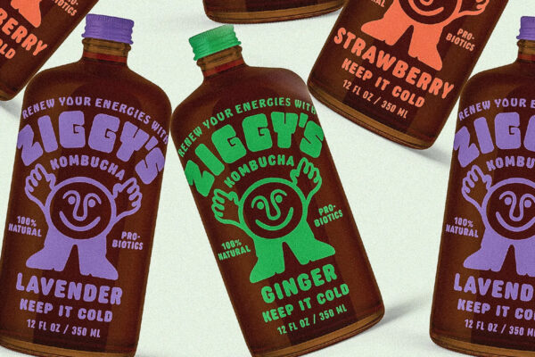 Ziggy's Kombucha bottles feature childlike cartoon in vibrant monochromatic color schemes. The deliberately imperfect typography and illustration style reject clinical wellness aesthetics in favor of playful, approachable. Design by Office Hours.