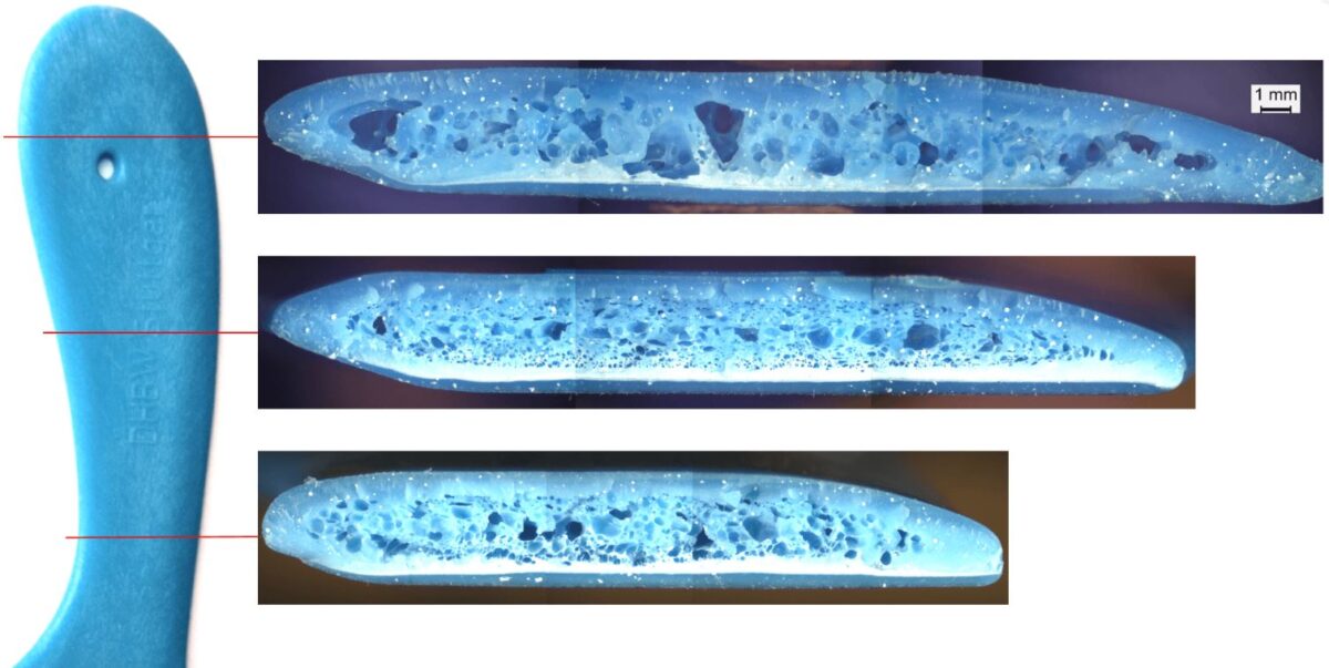 FIM introduces gas (nitrogen or CO2) into molten plastic before injection. The gas expands as the material fills the mold, forming a microcellular foam structure inside the part. Courtesy of DH BW Stuttgart Campus Horb, 2018.