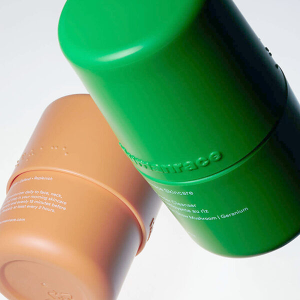 Humanrace skincare by Pharrell Williams features gender and race-neutral green packaging with braille wordmarks embossed on container lids and numbered dot systems for routine sequencing. The refillable design eliminates demographic targeting while incorporating tactile accessibility features, proving inclusive wellness doesn't require complicated product ranges or gendered aesthetics. Design by Working Method.