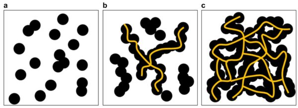 Schematics of percolation thresholds of CB/polymer composites. Orientations of carbon black in polymer matrix: carbon black was (a) disconnected, (b) partially connected, or (c) fully connected. Courtesy by Electrical percolation threshold of carbon black in a polymer matrix and its application to antistatic fiber | Scientific Reports.