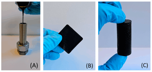 Researchers cross-linked the resin in square and cuboid steel molds. Courtesy of Thermosetting Resin for Plug and Abandonment of Oil Wells with Reduced Environmental Impact.