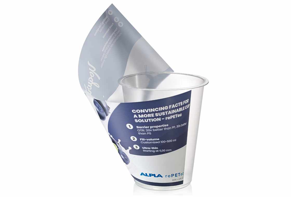 0.32 millimetres thin walls and integrated in-mould labeling (IML) minimize weight and material consumption. Courtesy of ALPLA.