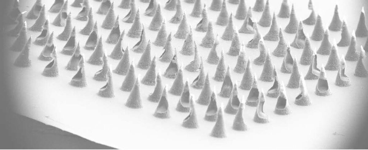 Researchers design microneedle arrays from biodegradable plastics like PCL that penetrate the skin and dissolve. Courtesy of Terasaki Institute.